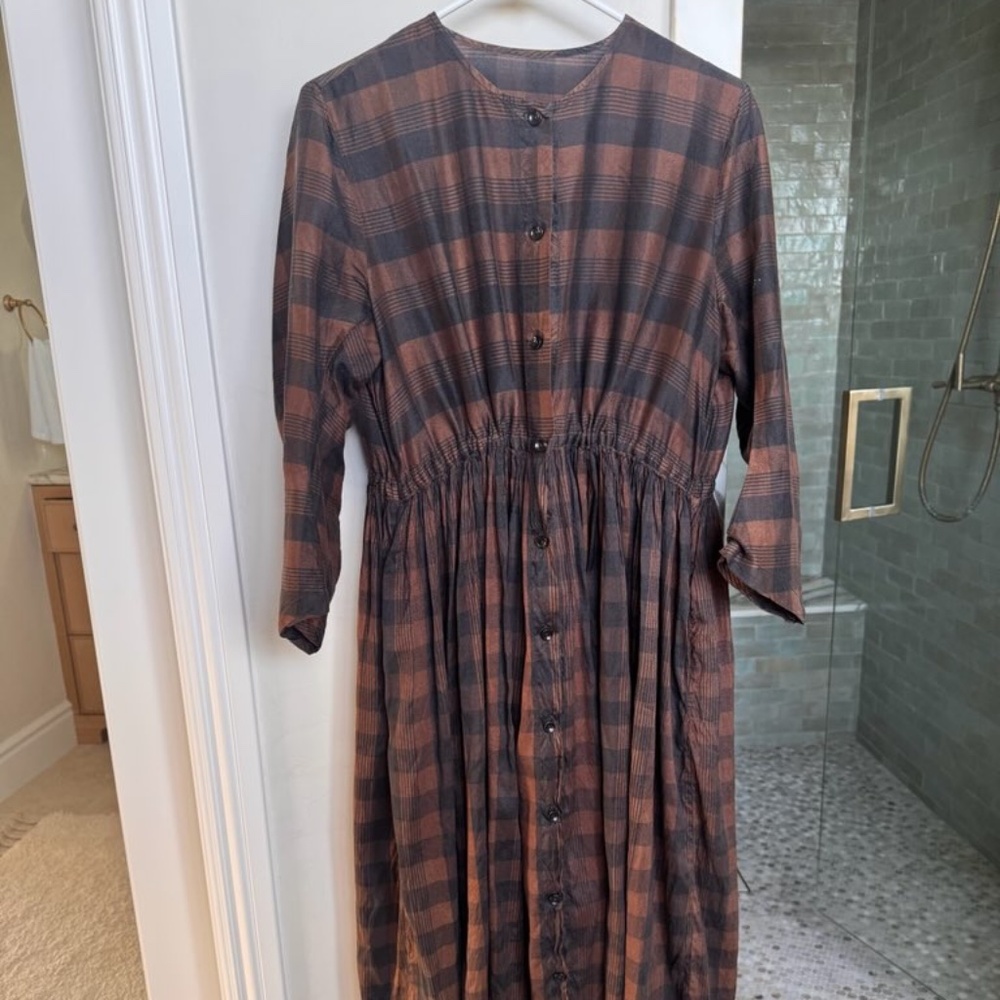 Christian Peau Silk Gathered Waist Dress in Brown Check. NWT - One Size